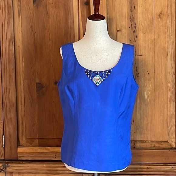 Coldwater Creek Blue Linen Blouse Turquoise Beads Sz. 10 - Picture 4 of 14